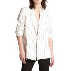 Gap Classic Girlfriend Linen Blazer Navy White Sz 8 Relaxed Fit Versatile Lined